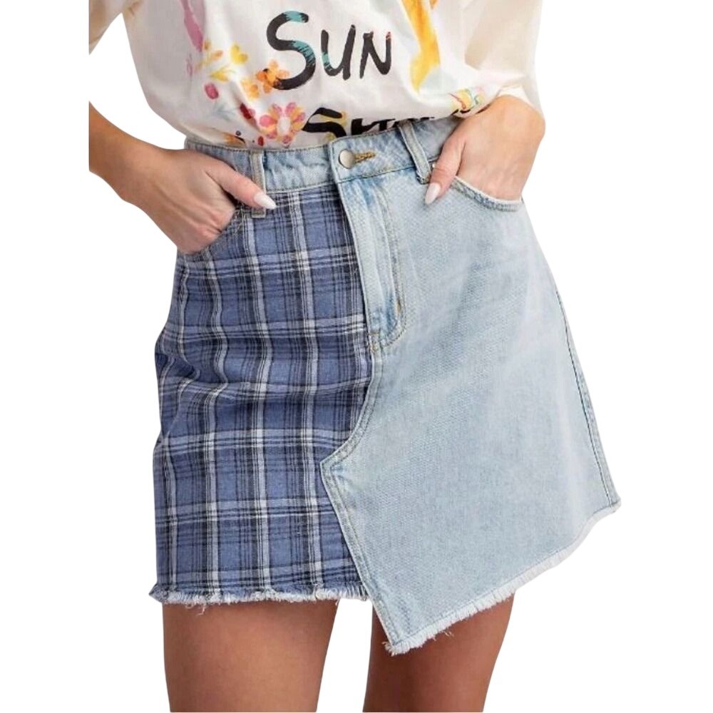 NWT Easel Plaid Denim Jean Mini Skirt Women Size Medium